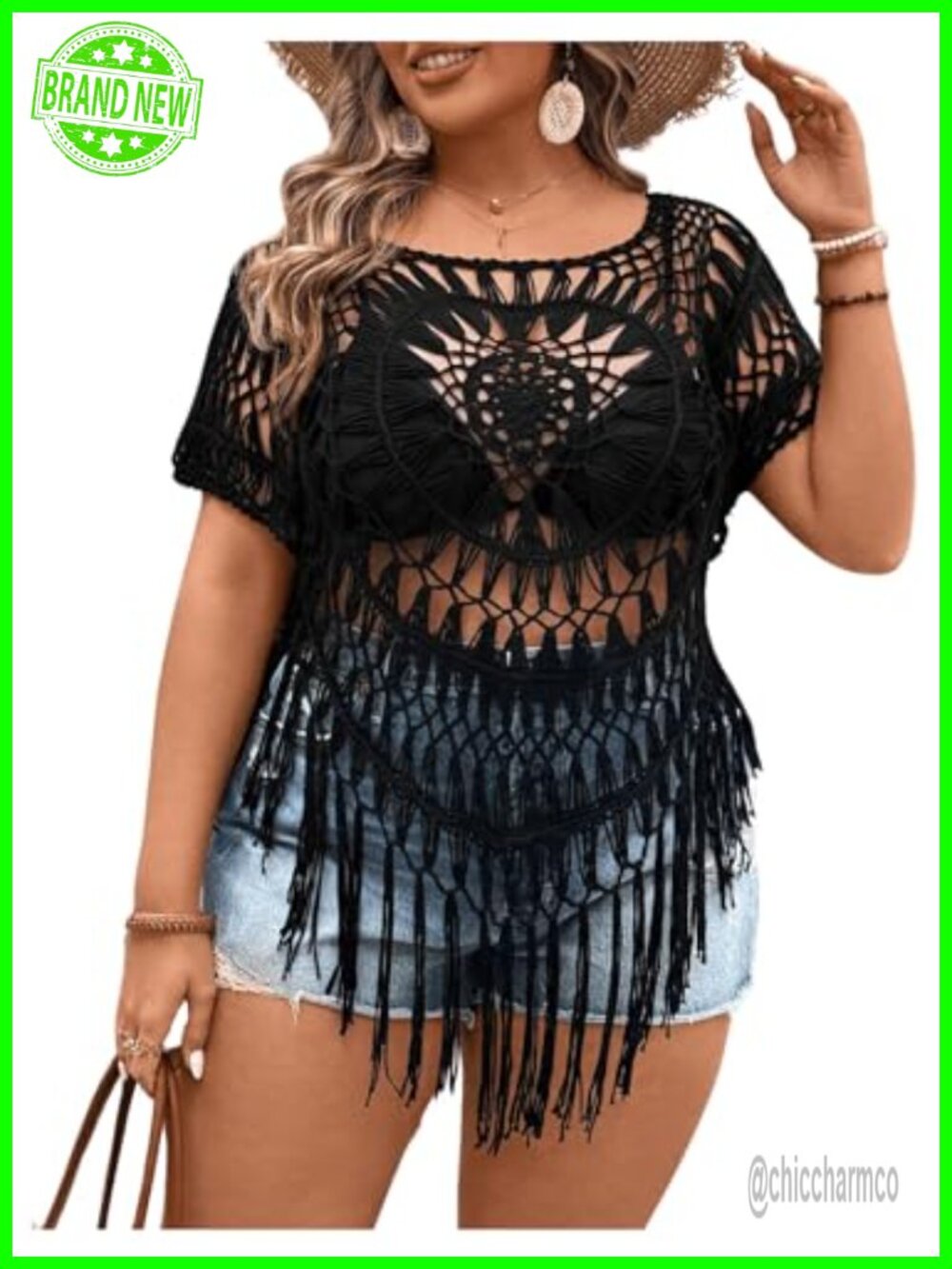 Plus Size Hollow Out Knit Crochet Top Short Sleeve Scoop Neck Sheer Fringe